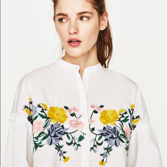 Zara Tops - WHITE EMBROIDERED TOP WITH SLEEVE RUFFLES